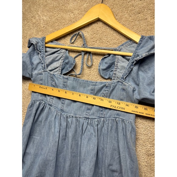 Free People XS Chambray Denim Ruffle Collar Cottagecore Long Sleeve Tie Back Top - Picture 9 of 14